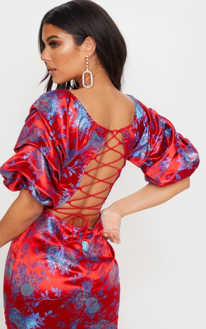 Red Pretty Little Thing Floral Jacquard Lace Up Back Dresses | RJQOKIW-37