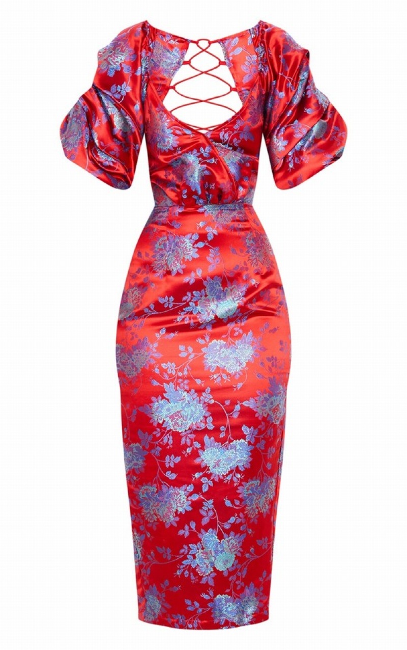 Red Pretty Little Thing Floral Jacquard Lace Up Back Dresses | RJQOKIW-37