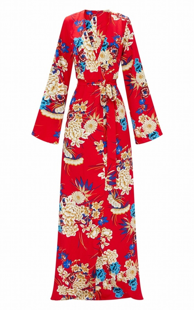 Red Pretty Little Thing Floral Print Kimono Maxi Dresses | GORNKHQ-38