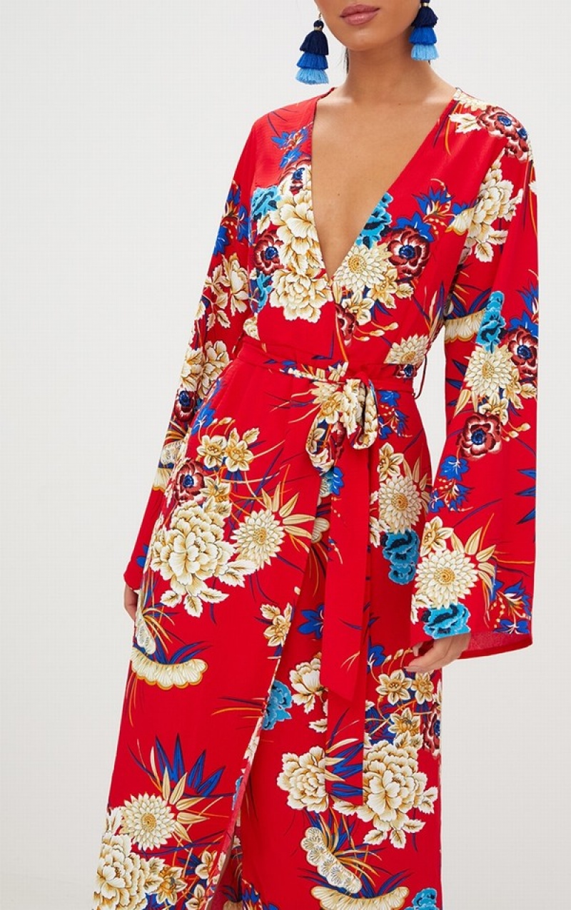 Red Pretty Little Thing Floral Print Kimono Maxi Dresses | GORNKHQ-38