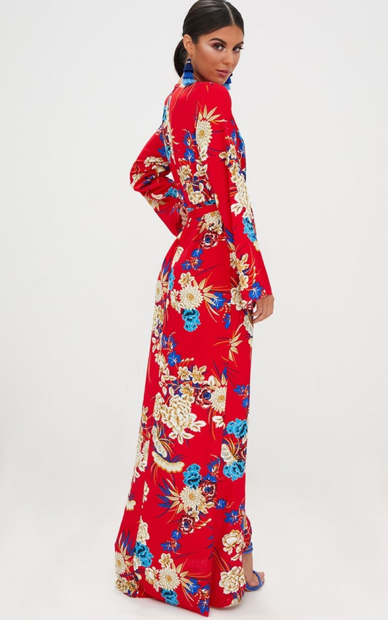 Red Pretty Little Thing Floral Print Kimono Maxi Dresses | GORNKHQ-38