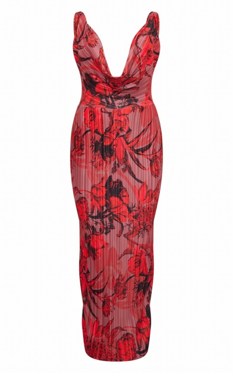 Red Pretty Little Thing Floral Print Plisse Cowl Plunge Maxi Dresses | GJHMCBU-71