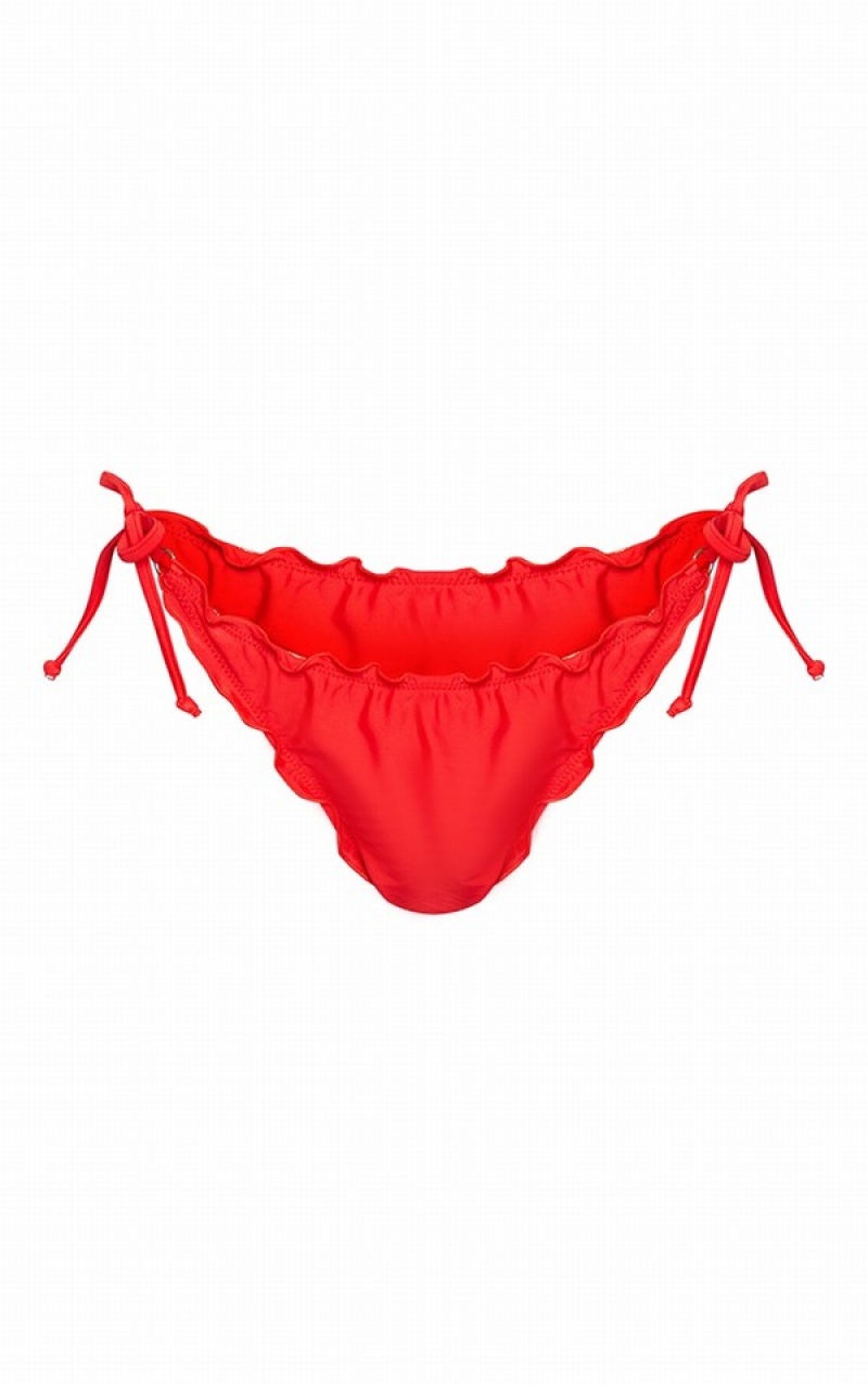 Red Pretty Little Thing Frill Edge Ruched Back Bikini Bottoms | JQUPDWV-21