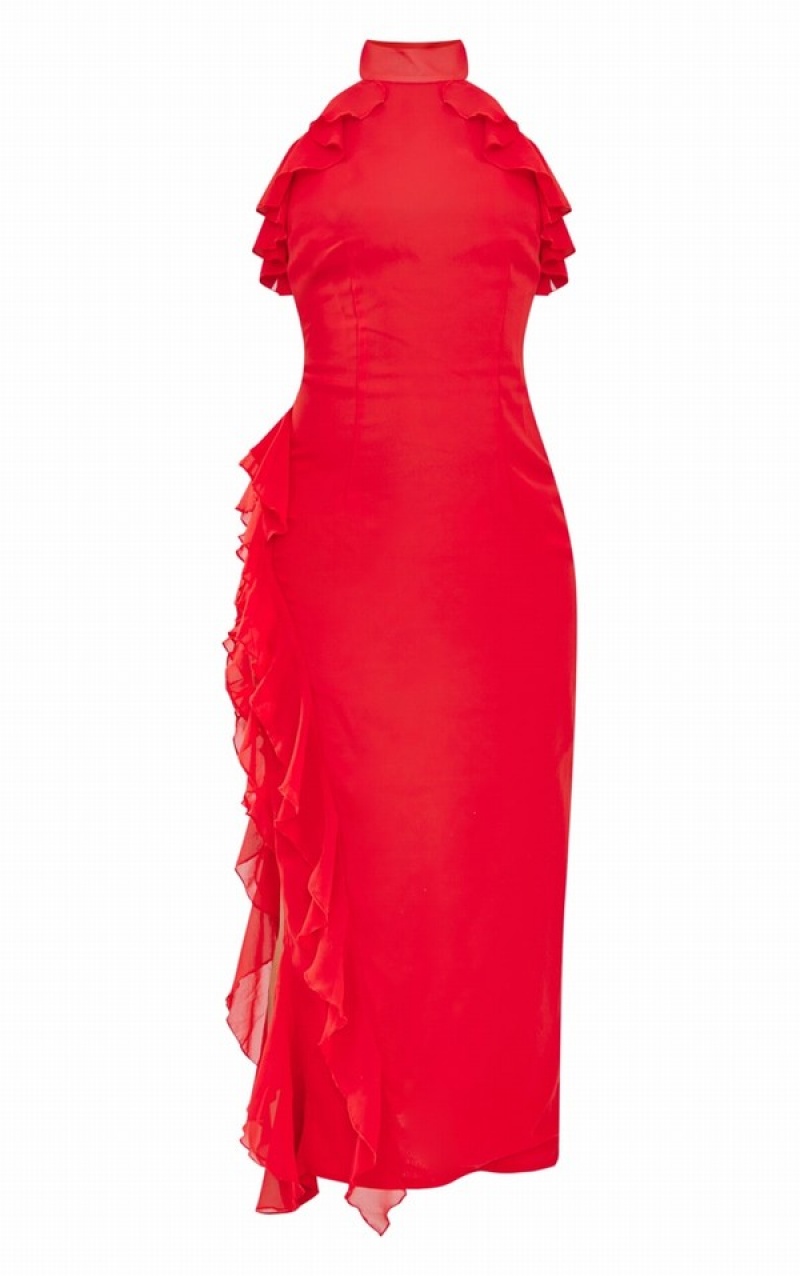 Red Pretty Little Thing High Neck Frill Split Hem Midaxi Dresses | BPGSXRK-53