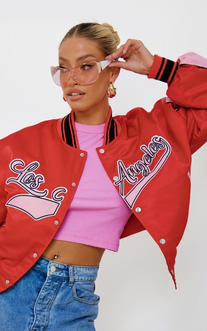 Red Pretty Little Thing LA Graphic Front Contrast Satin Bomber Jackets | CHOJPYL-14