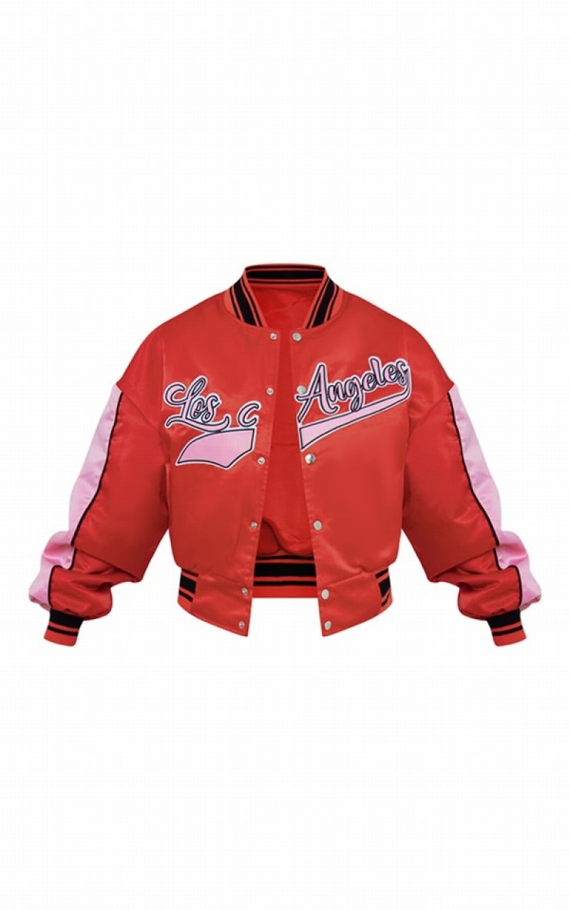 Red Pretty Little Thing LA Graphic Front Contrast Satin Bomber Jackets | CHOJPYL-14