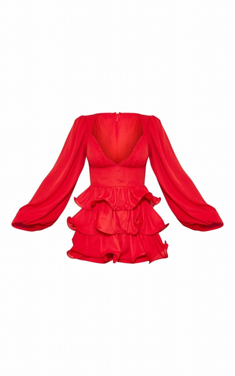 Red Pretty Little Thing Long Sleeve Frill TieRomper Dresses | GZJDSUI-60