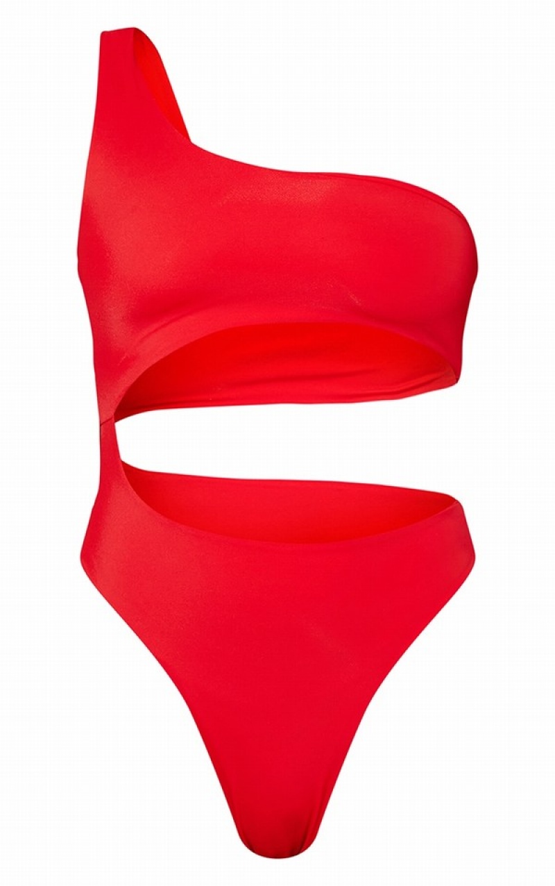 Red Pretty Little Thing One Shoulder Cut Out Swimsuits | GHAIMOS-06