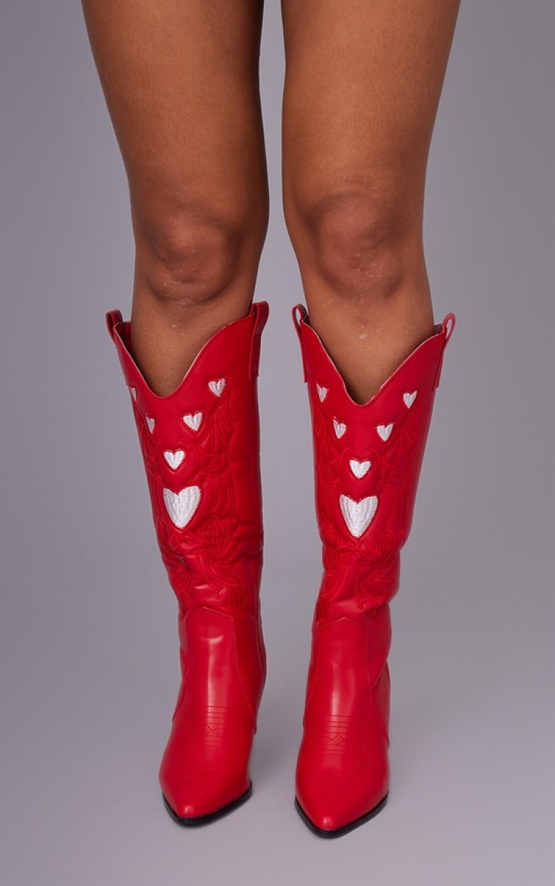 Red Pretty Little Thing PU Heart Detail Point Toe Knee High Western Boots | CQNXJBT-81