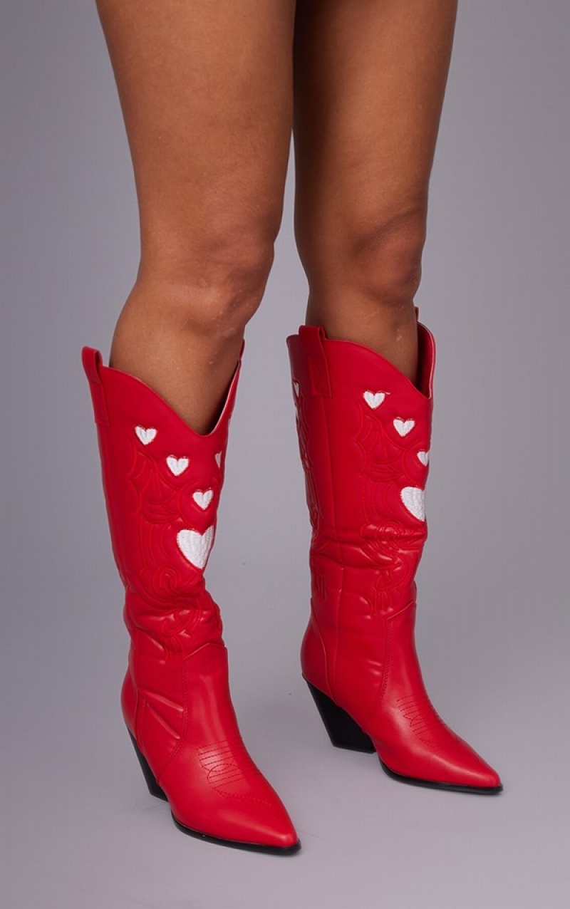 Red Pretty Little Thing PU Heart Detail Point Toe Knee High Western Boots | CQNXJBT-81