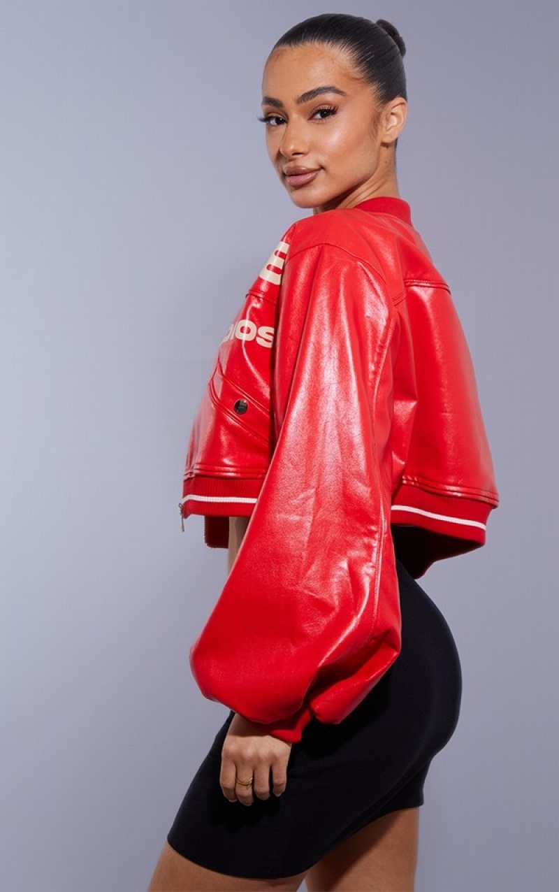 Red Pretty Little Thing Petite Super Cropped Pu Racer Jackets | EPZFMLA-53