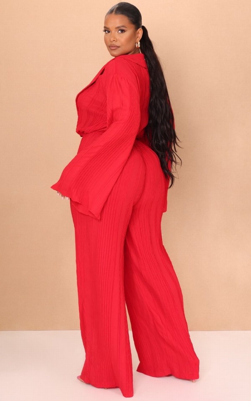 Red Pretty Little Thing Plus TextuWide Leg Jumpsuits | QOGSUJZ-01