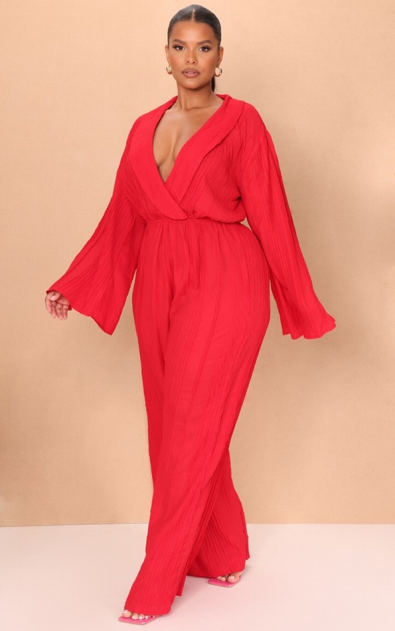 Red Pretty Little Thing Plus TextuWide Leg Jumpsuits | QOGSUJZ-01