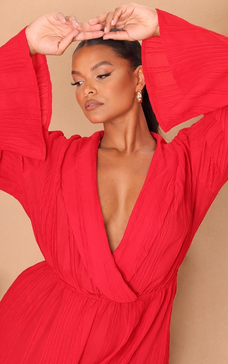 Red Pretty Little Thing Plus TextuWide Leg Jumpsuits | QOGSUJZ-01