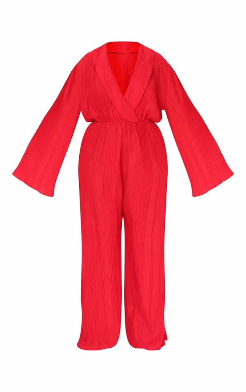 Red Pretty Little Thing Plus TextuWide Leg Jumpsuits | QOGSUJZ-01