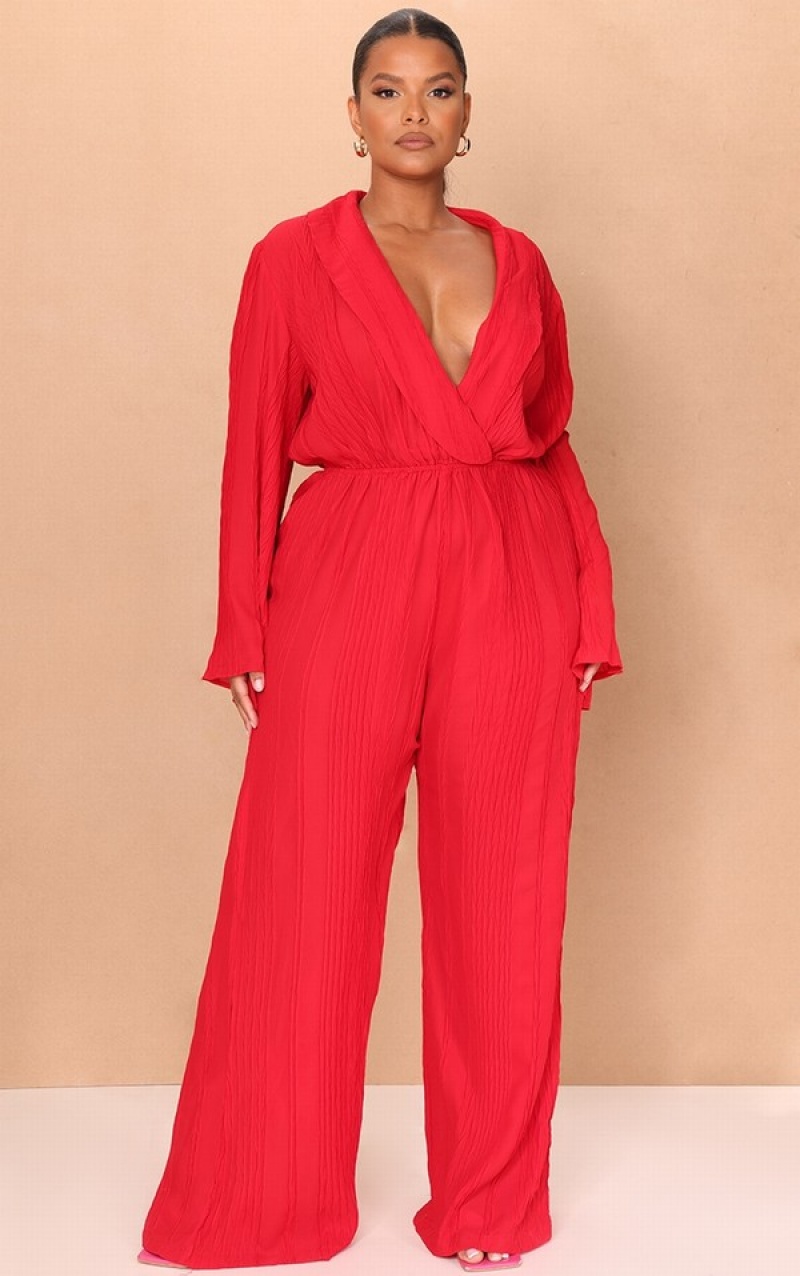 Red Pretty Little Thing Plus TextuWide Leg Jumpsuits | QOGSUJZ-01