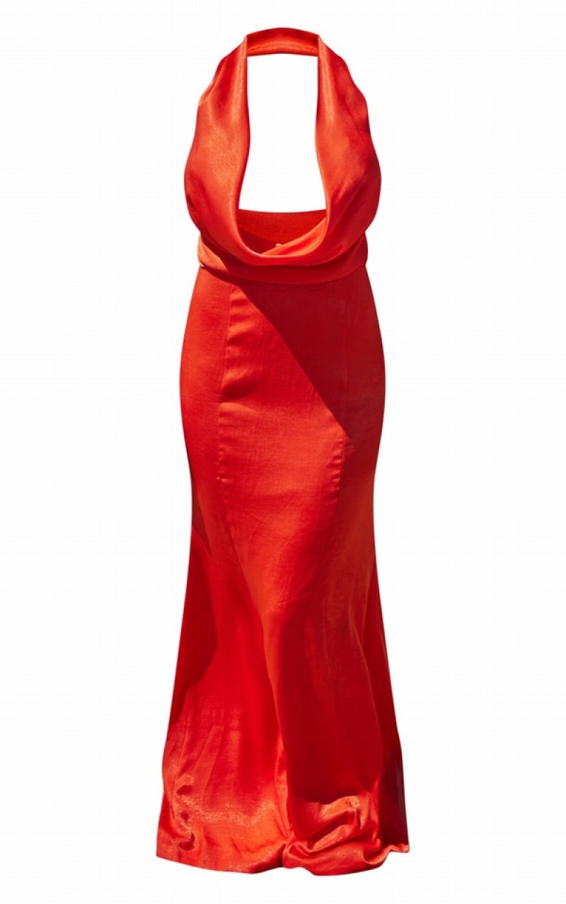 Red Pretty Little Thing Premium Satin Extreme Cowl Maxi Dresses | UWXLCKF-96