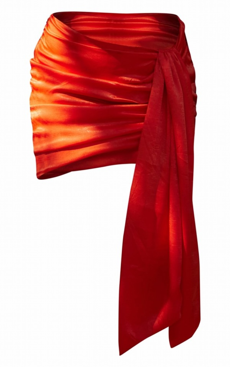 Red Pretty Little Thing Premium Satin Ruched Draped Skirts | SRYTOZI-24