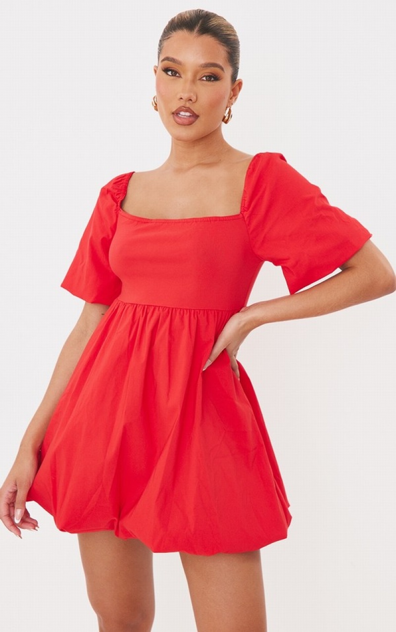 Red Pretty Little Thing Puff Sleeve Square Neck Puffball Shift Dresses | AYQHFNG-71