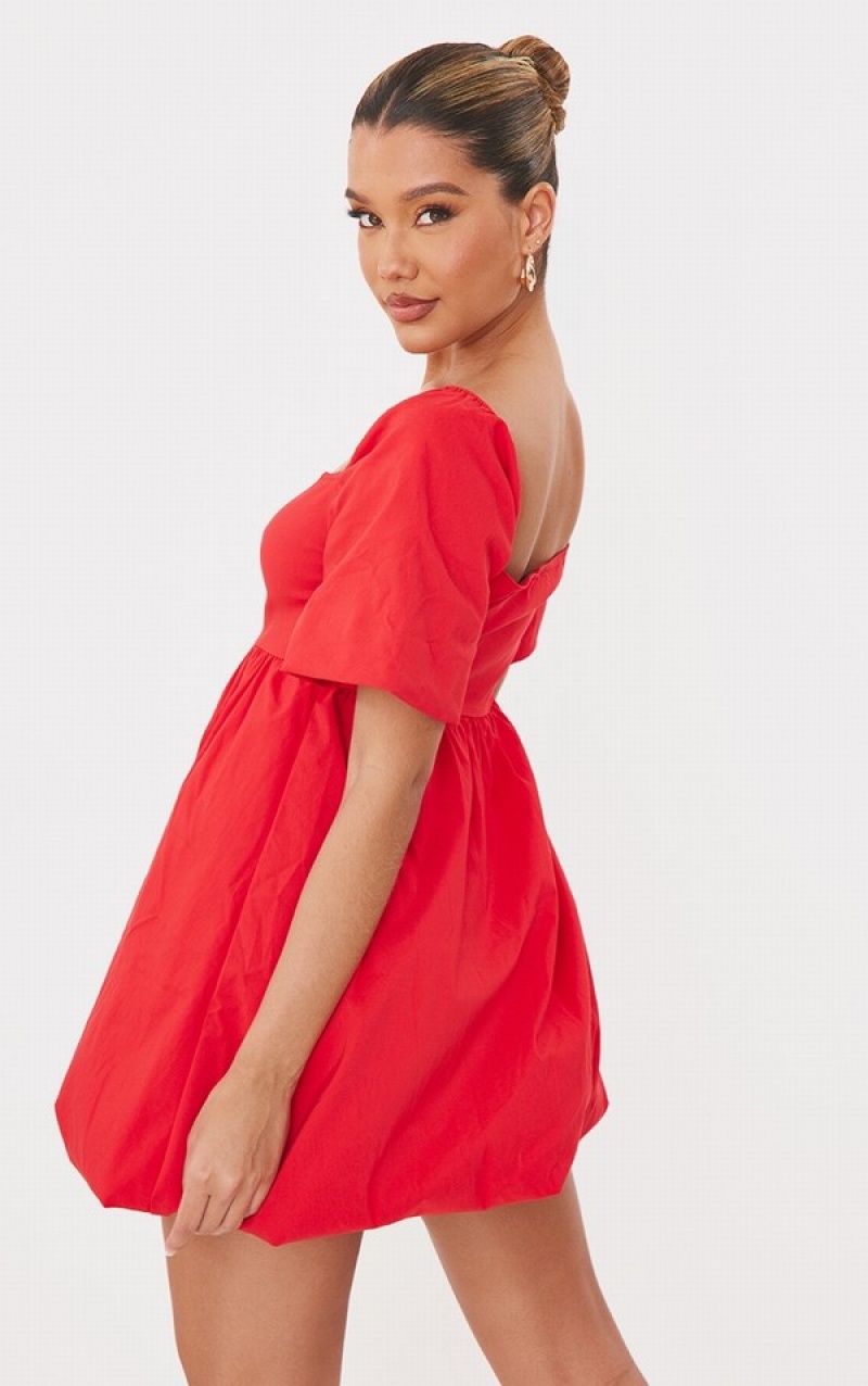 Red Pretty Little Thing Puff Sleeve Square Neck Puffball Shift Dresses | AYQHFNG-71