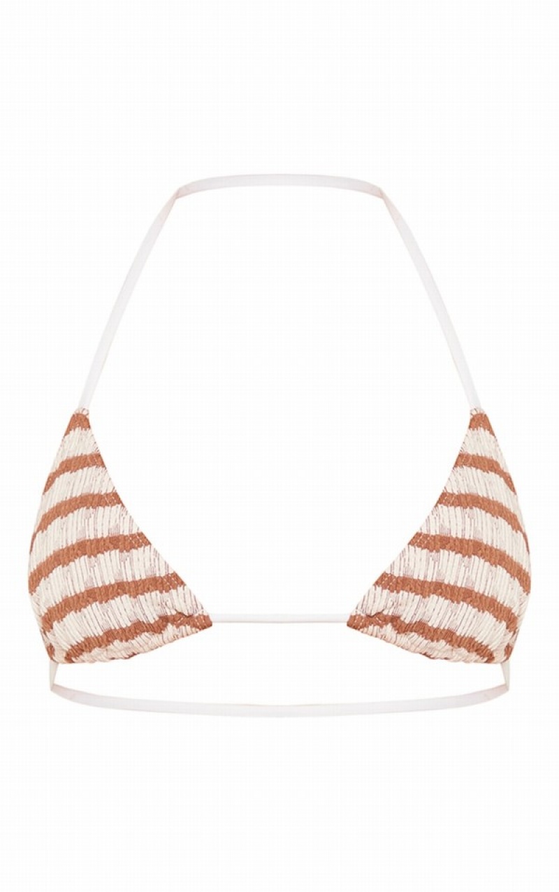 Red Pretty Little Thing Rust Contrast Stripe Crinkle Triangle Bikini Tops | WXGZDAL-26