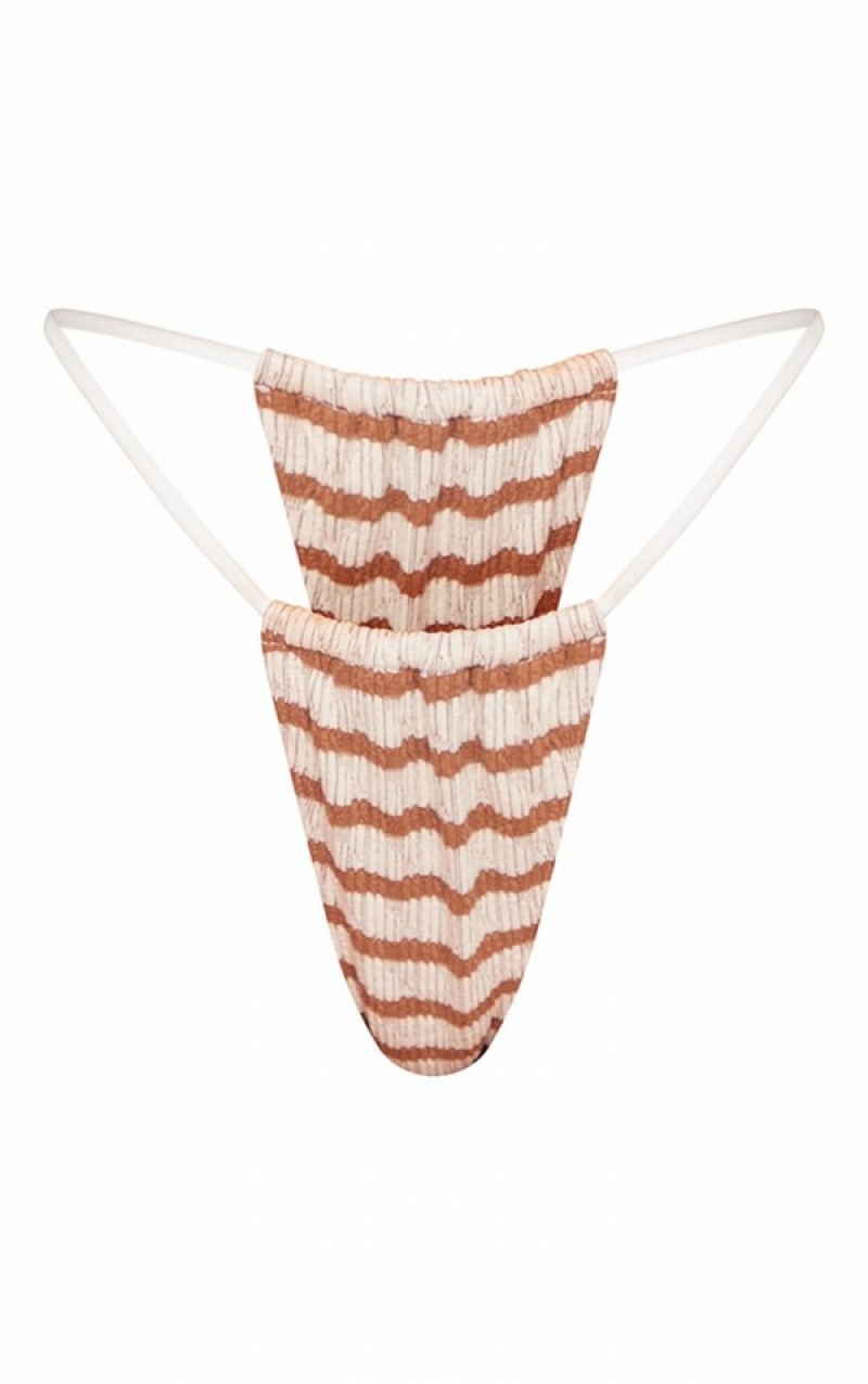 Red Pretty Little Thing Rust Contrast Stripe Crinkle Tanga Bikini Bottoms | DYMSENJ-96