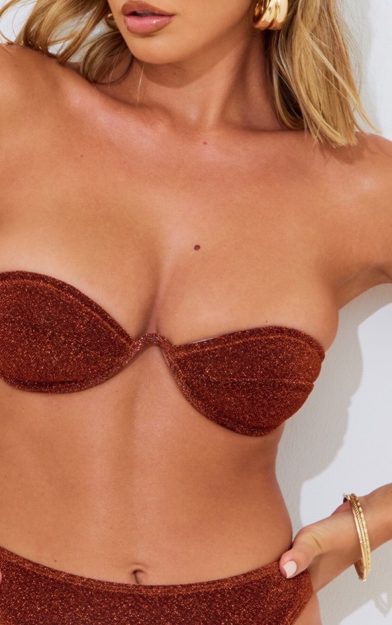 Red Pretty Little Thing Rust Glitter Cup Bandeau Bikini Tops | KSQOMZV-40