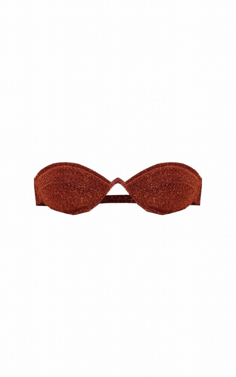 Red Pretty Little Thing Rust Glitter Cup Bandeau Bikini Tops | KSQOMZV-40