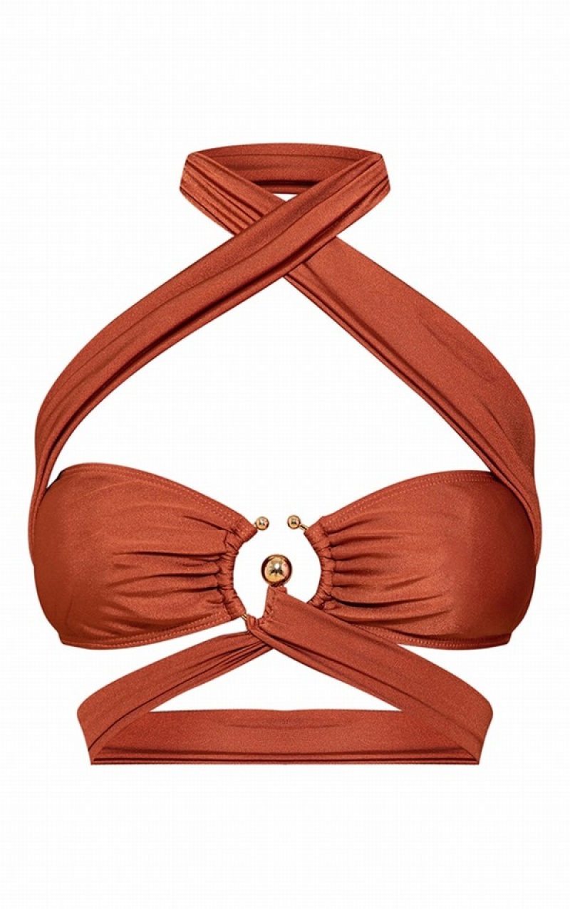 Red Pretty Little Thing Rust Strappy Trim Detail Bikini Tops | LBHEUPD-38