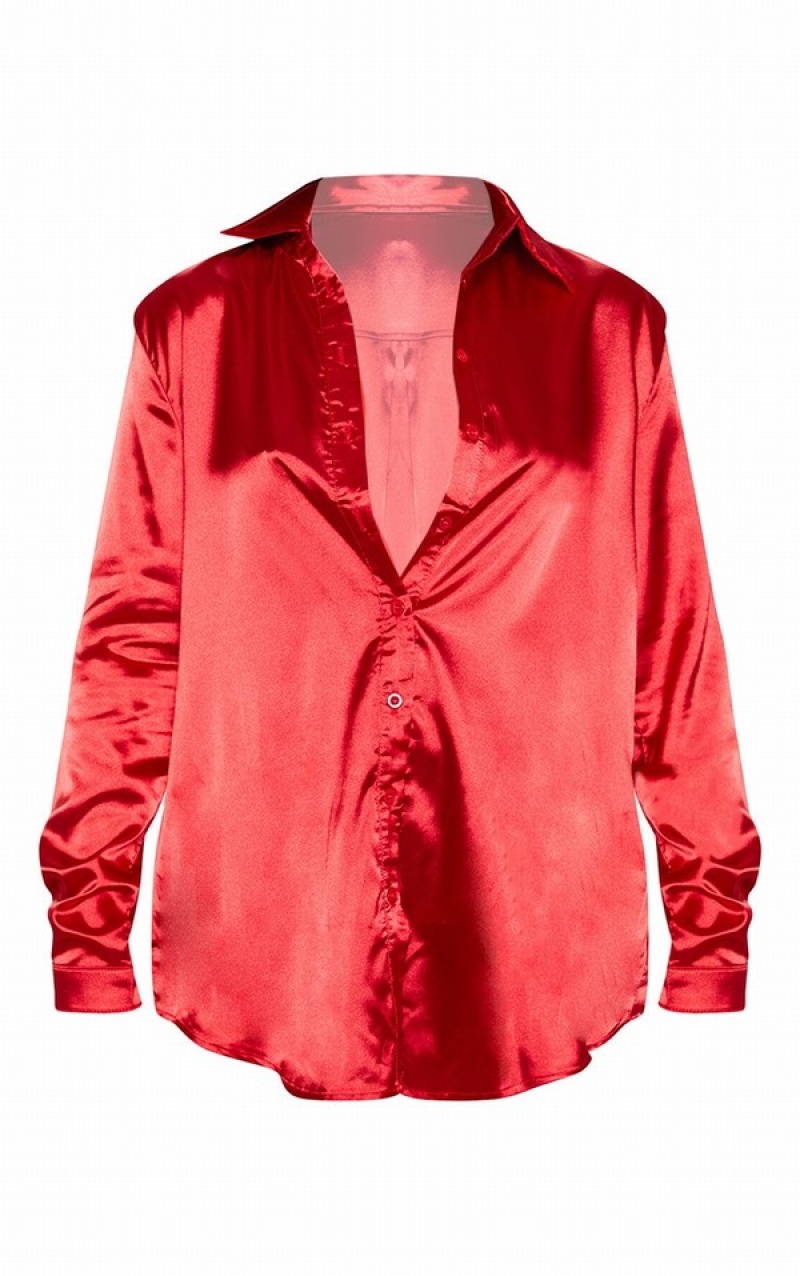 Red Pretty Little Thing Satin Button Front Shirts | HZGVREA-31