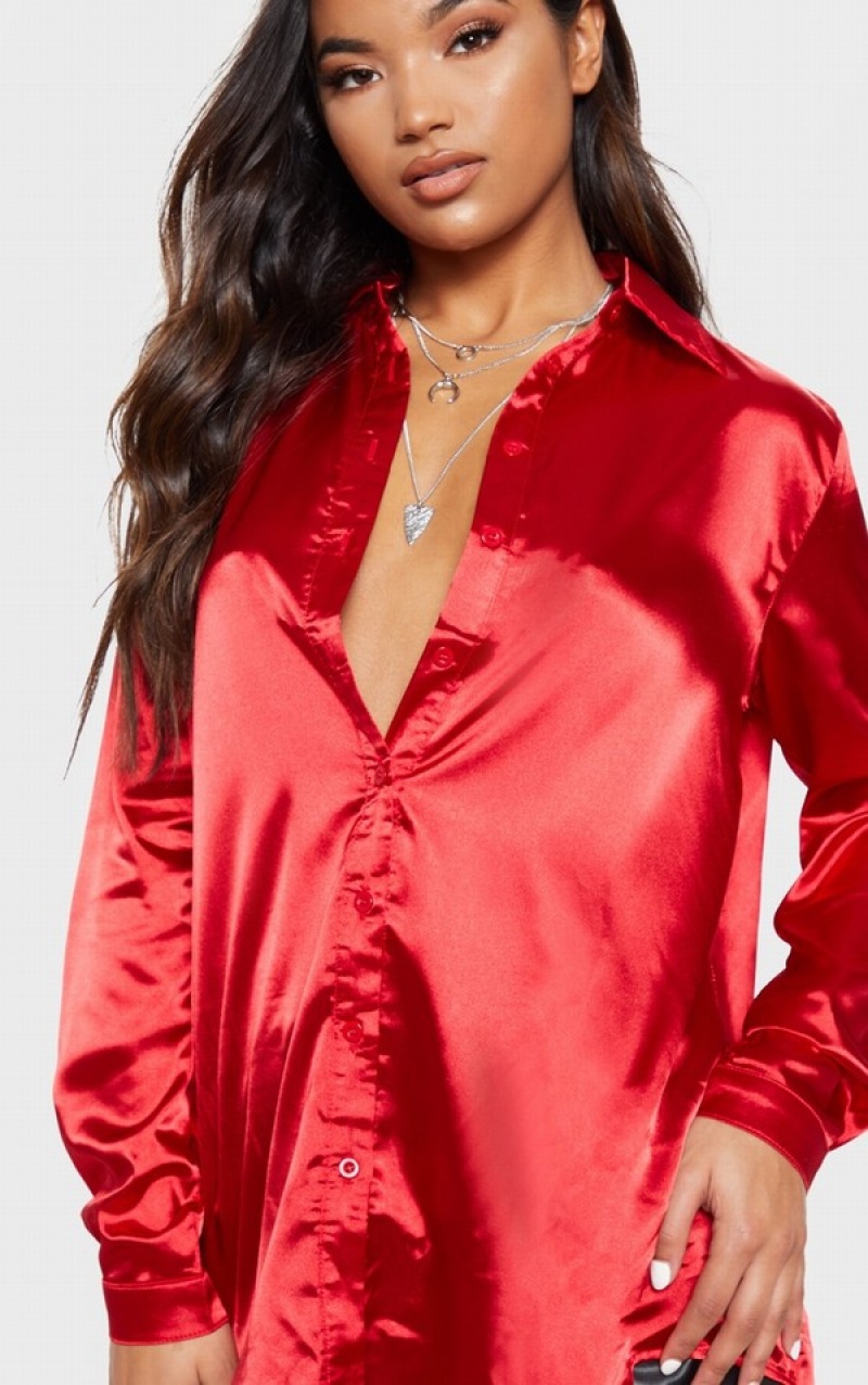 Red Pretty Little Thing Satin Button Front Shirts | HZGVREA-31