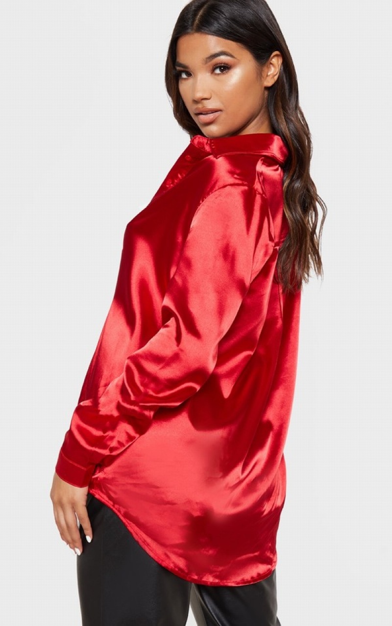 Red Pretty Little Thing Satin Button Front Shirts | HZGVREA-31