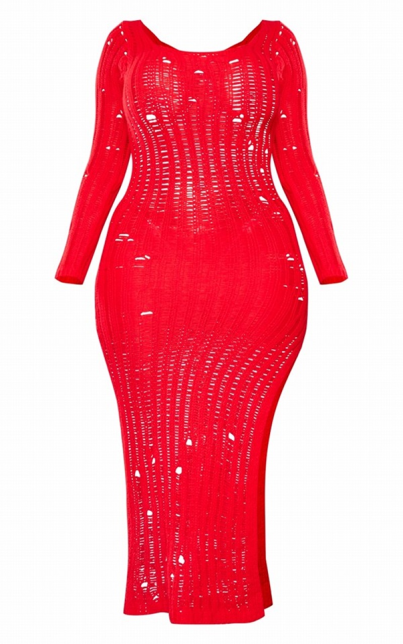 Red Pretty Little Thing Shape Knit Scoop Neck Long Sleeve Maxi Dresses | ZCANDSX-45