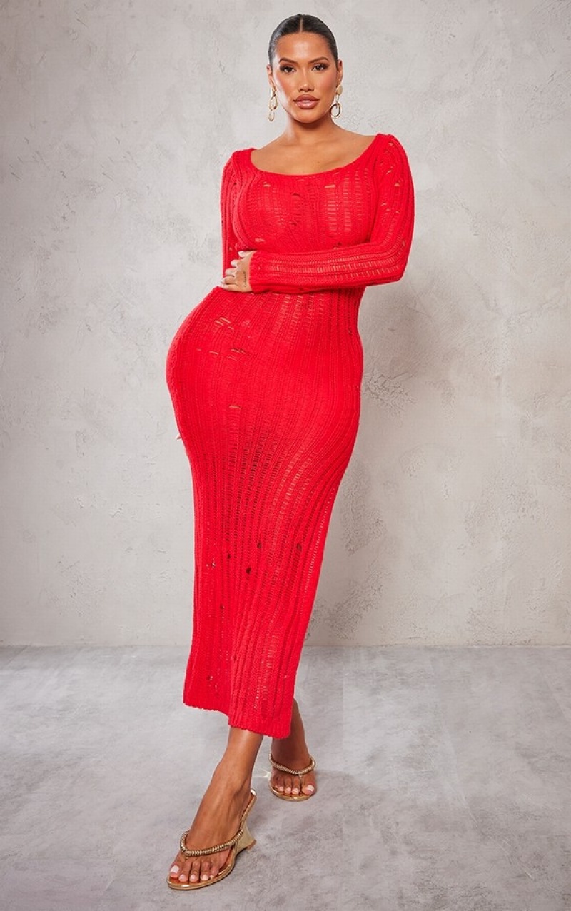 Red Pretty Little Thing Shape Knit Scoop Neck Long Sleeve Maxi Dresses | ZCANDSX-45