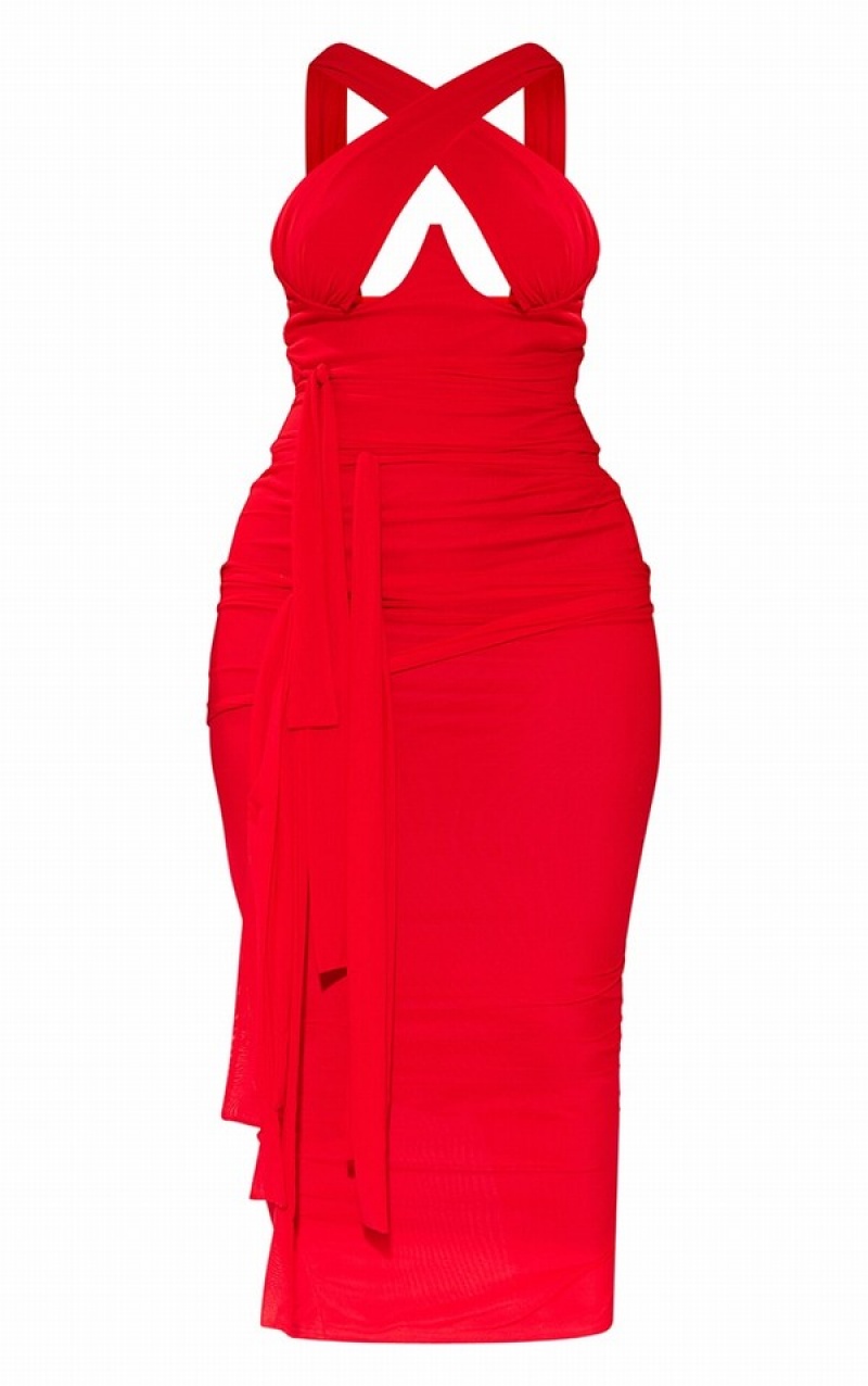 Red Pretty Little Thing Shape Mesh Wrap Neck Tie Detail Midaxi Dresses | HEWRZKI-29