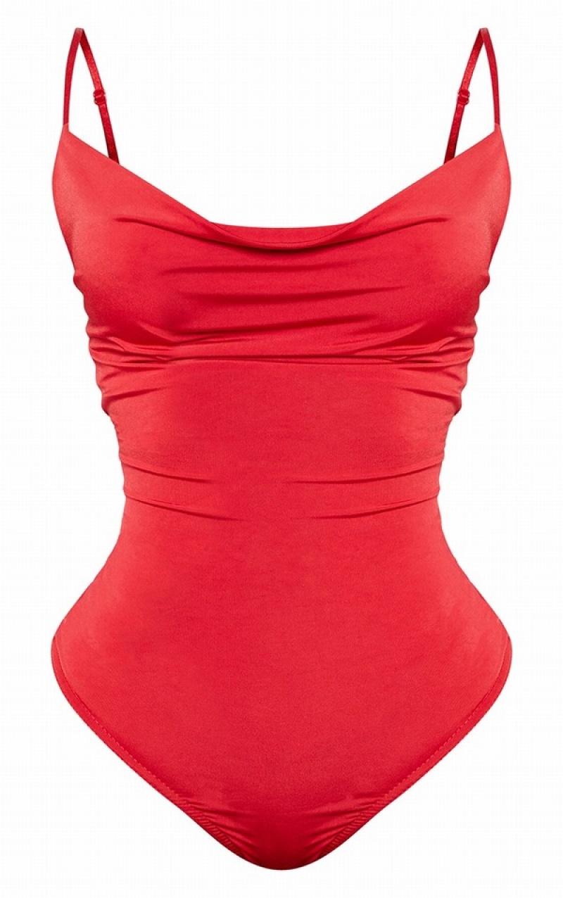 Red Pretty Little Thing Shape Slinky Cowl Neck Bodysuits | WPJFVAZ-12