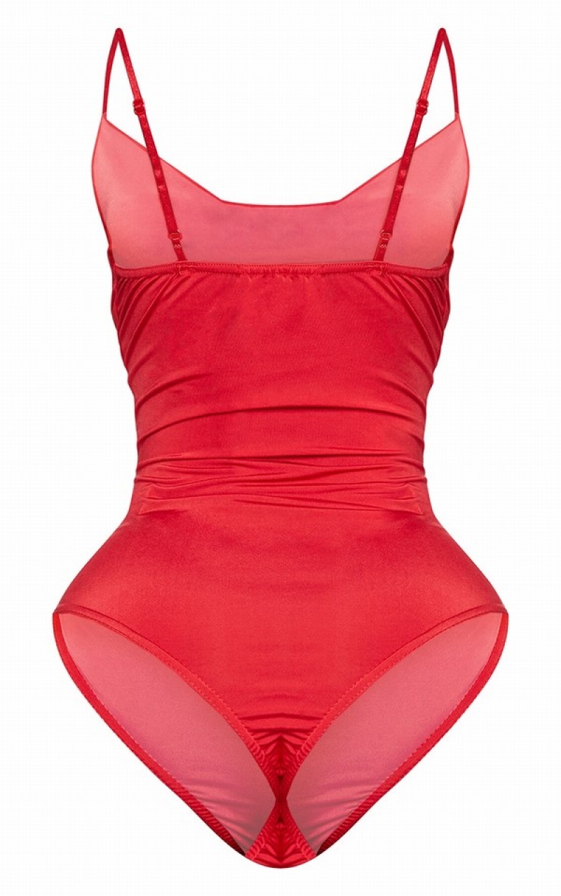 Red Pretty Little Thing Shape Slinky Cowl Neck Bodysuits | WPJFVAZ-12