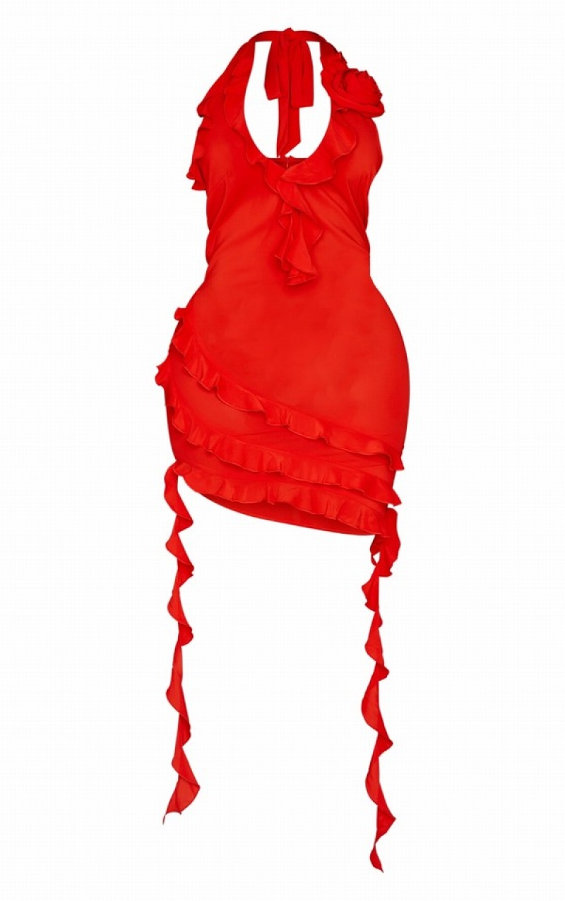 Red Pretty Little Thing Shape Woven Halterneck Frill Detail Dresses | VHNXPKF-86