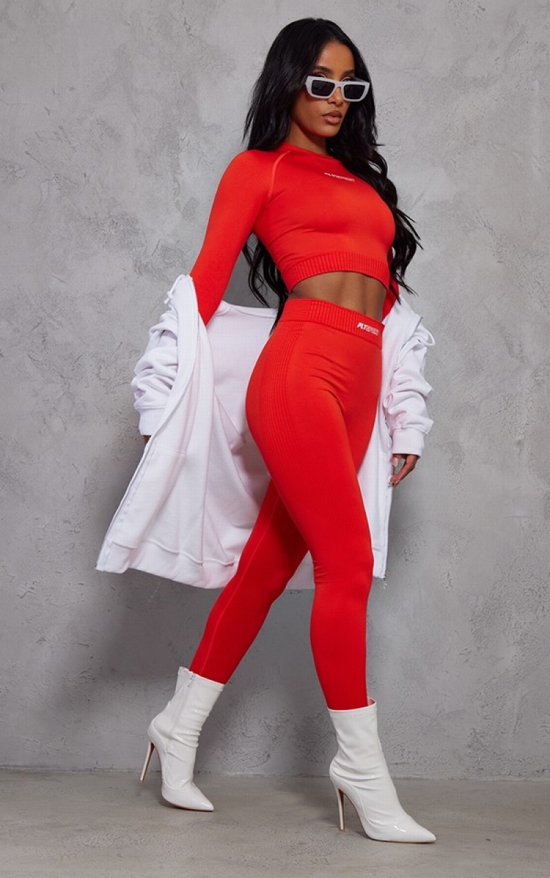 Red Pretty Little Thing Sport Long Sleeve Seamless Sports Leggings | IEQNSKY-46