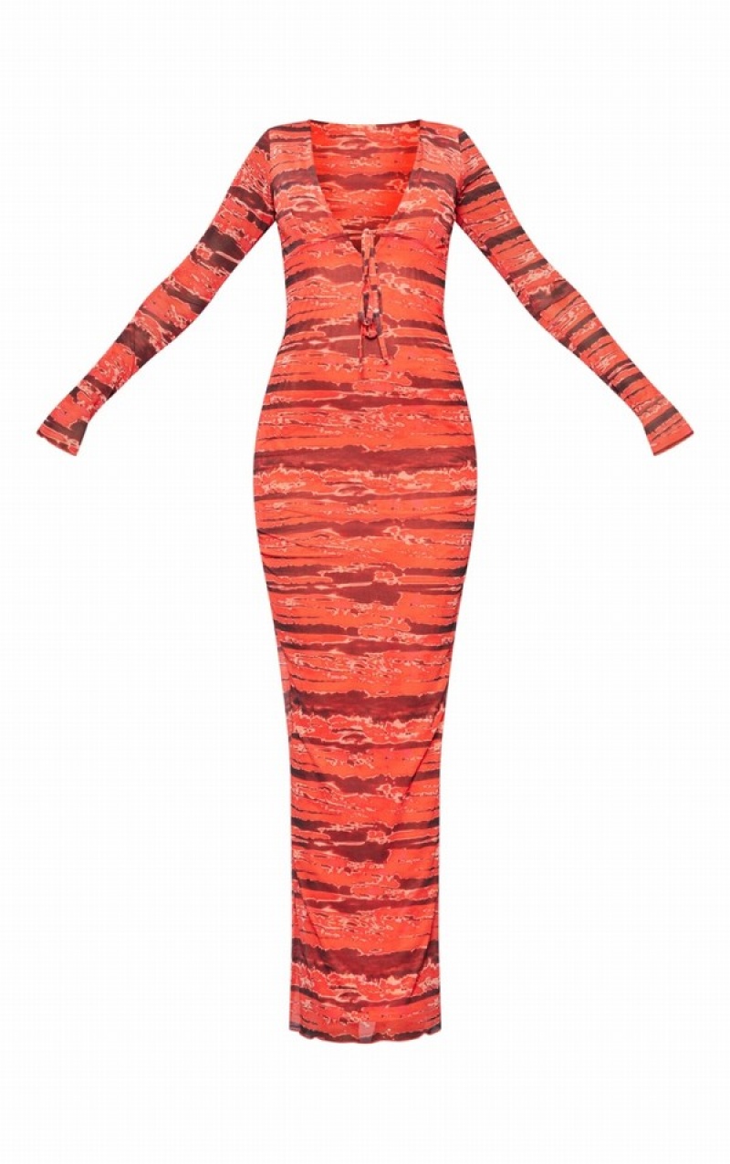 Red Pretty Little Thing Tall Tie Dye Mesh Long Sleeve Tie Midaxi Dresses | OJLQCPY-27