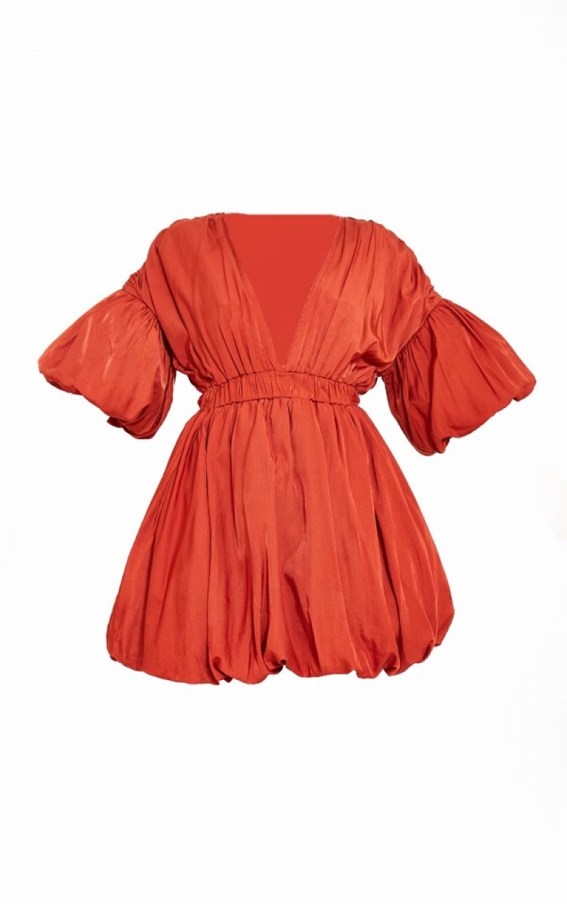 Red Pretty Little Thing Terracotta Puff Sleeve Puffball Hem Shift Dresses | AMDPIFS-14