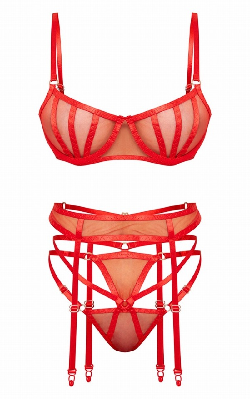 Red Pretty Little Thing UnderwiBinding Mesh 3 Piece Lingerie | UIZGPQT-61