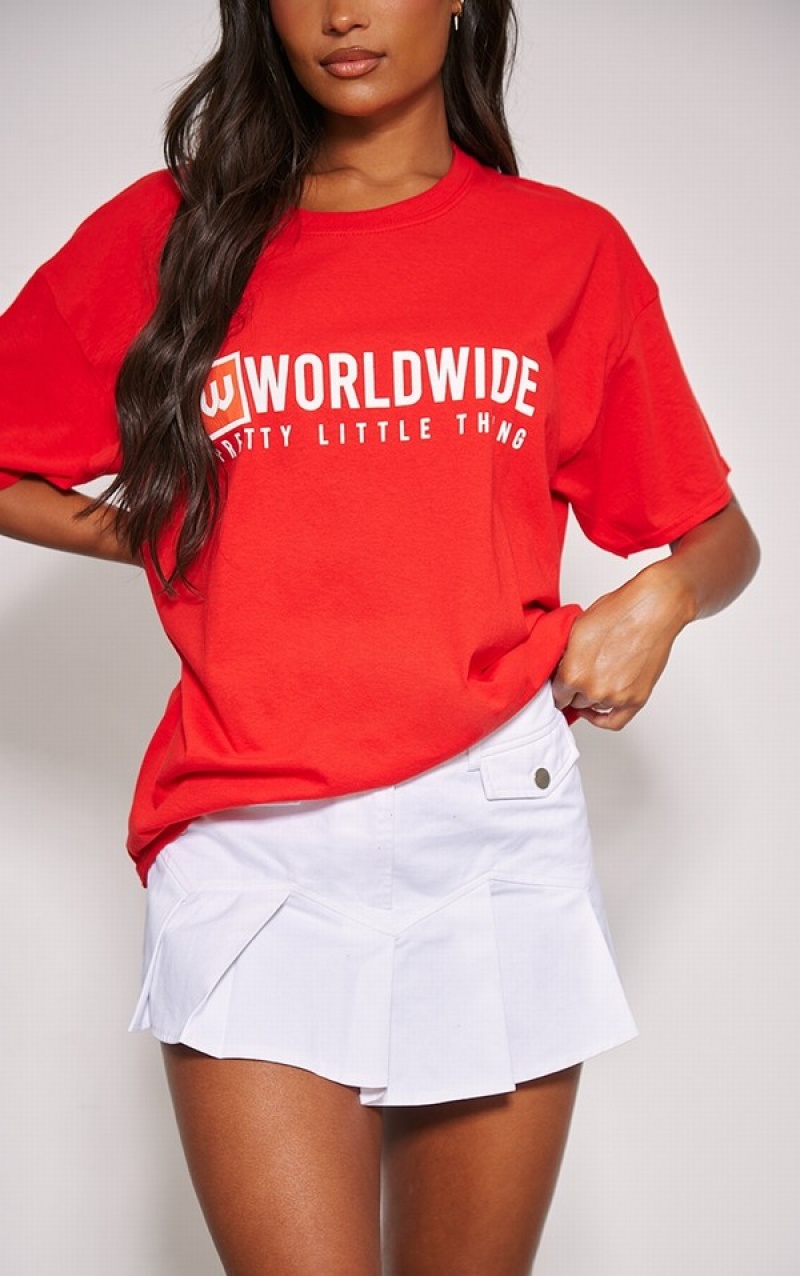 Red Pretty Little Thing World Wide Printed T-shirts | IWPXTNS-37