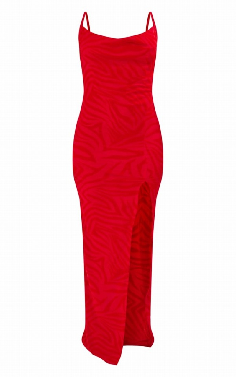 Red Pretty Little Thing Zebra Flocked Mesh Strappy Cowl Maxi Dresses | PXZGQRN-21