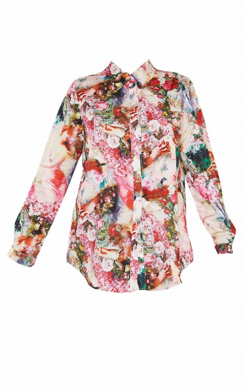 Rose Pretty Little Thing Femme Renaissance Print Oversized Shirts | YVQSKFX-42