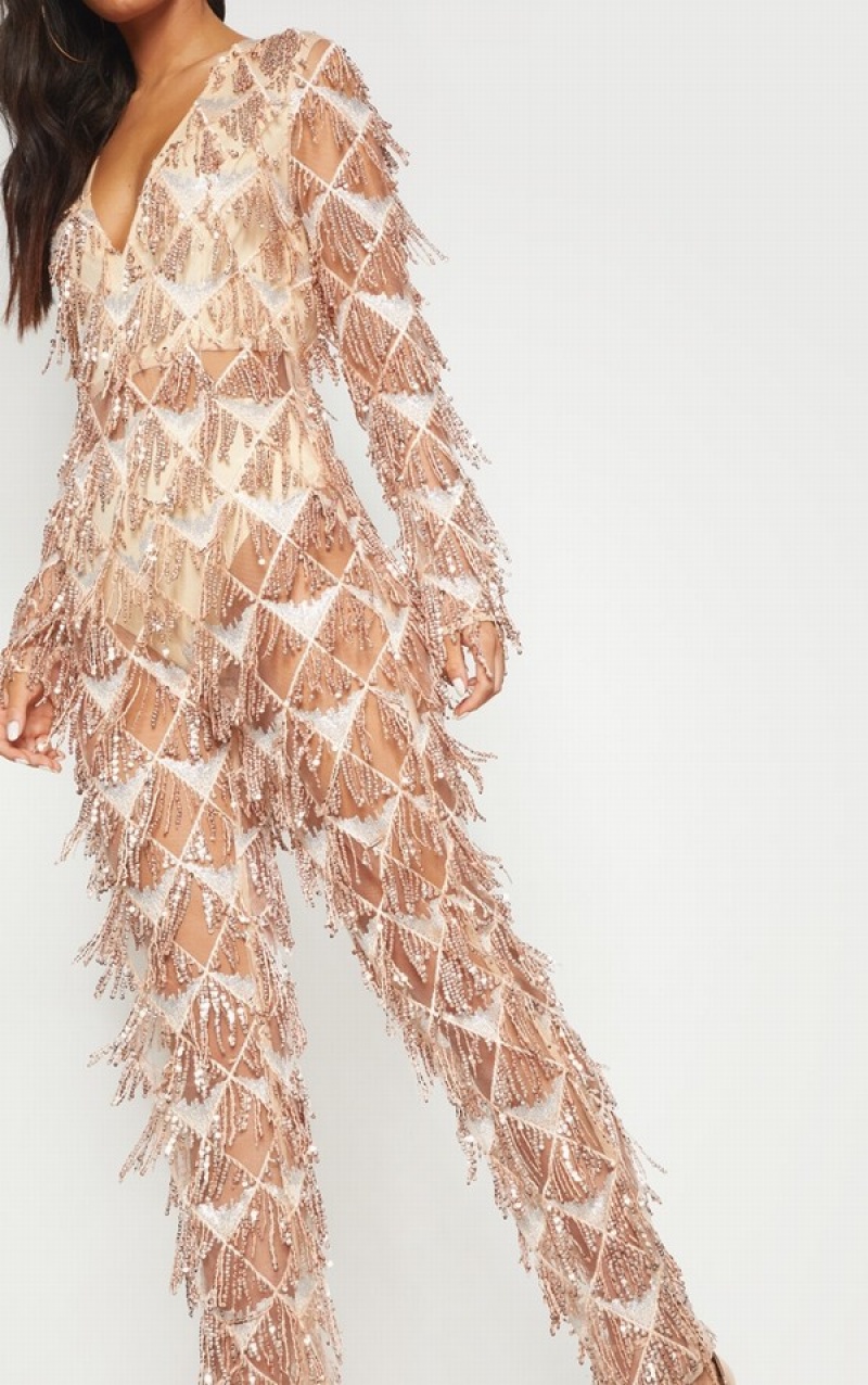 Rose / Gold Pretty Little Thing Tassel Sequin Plunge Jumpsuits | XDHJUAI-12