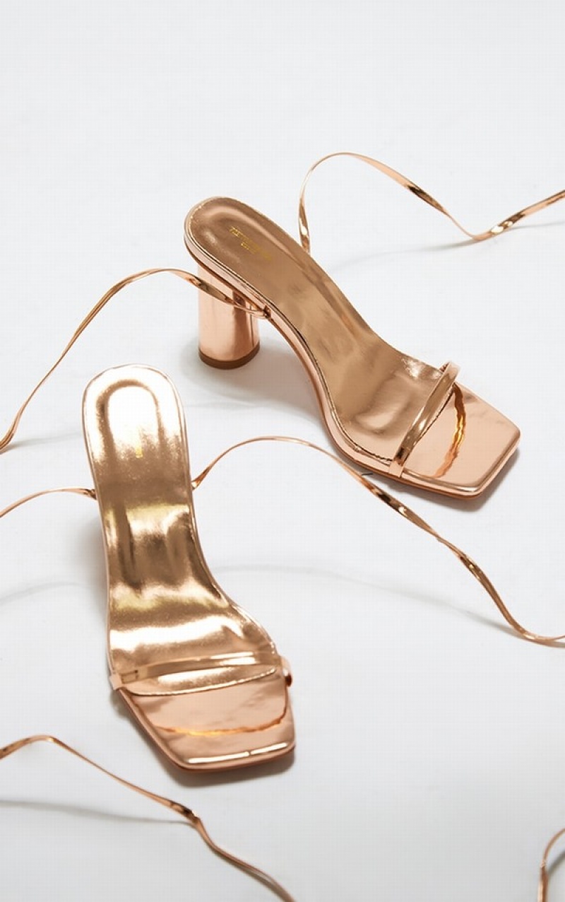 Rose / Gold Pretty Little Thing Wide Fit Metallic Pu Square Toe Lace Up High Round Heels | OKXJMCY-35