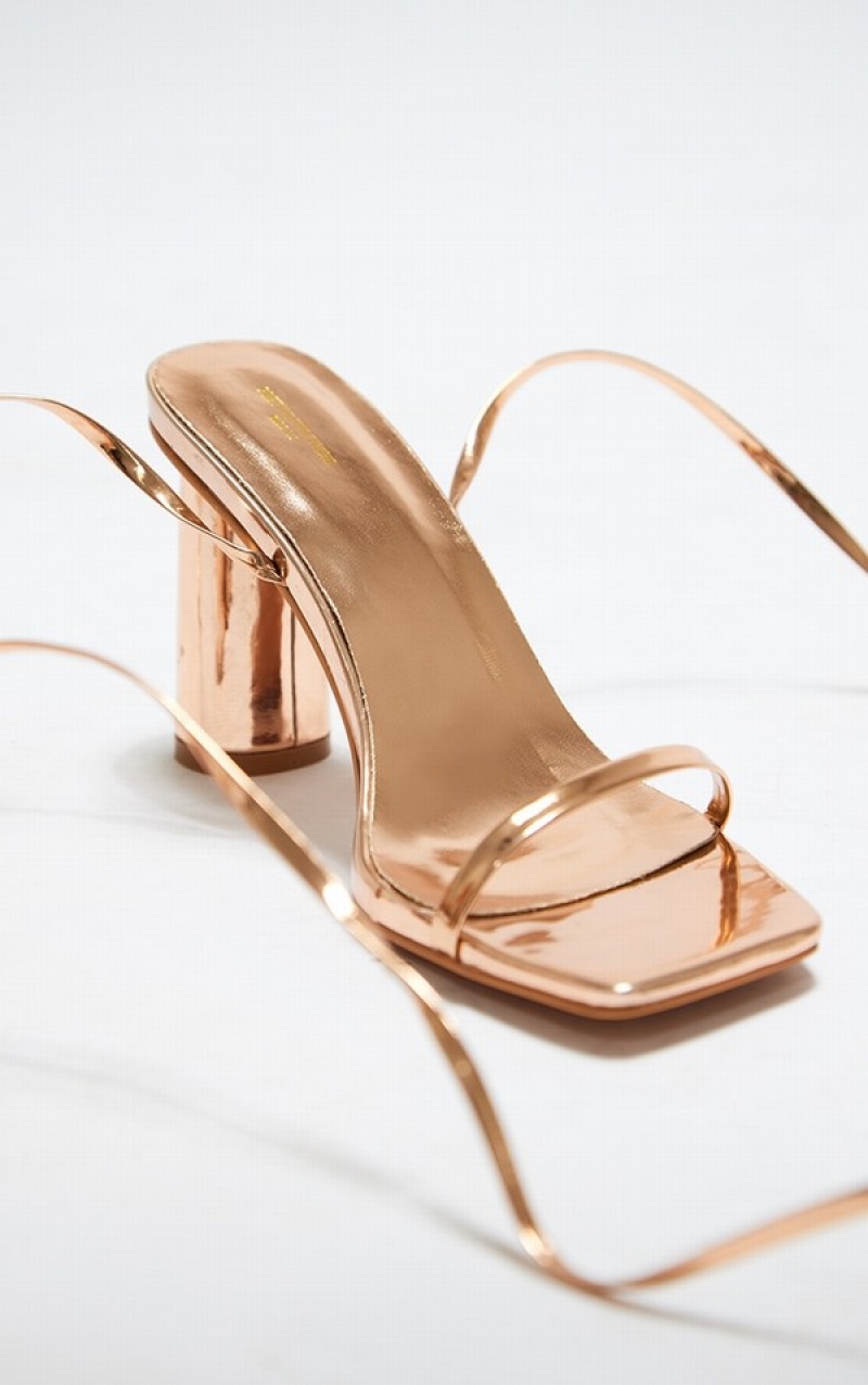 Rose / Gold Pretty Little Thing Wide Fit Metallic Pu Square Toe Lace Up High Round Heels | OKXJMCY-35