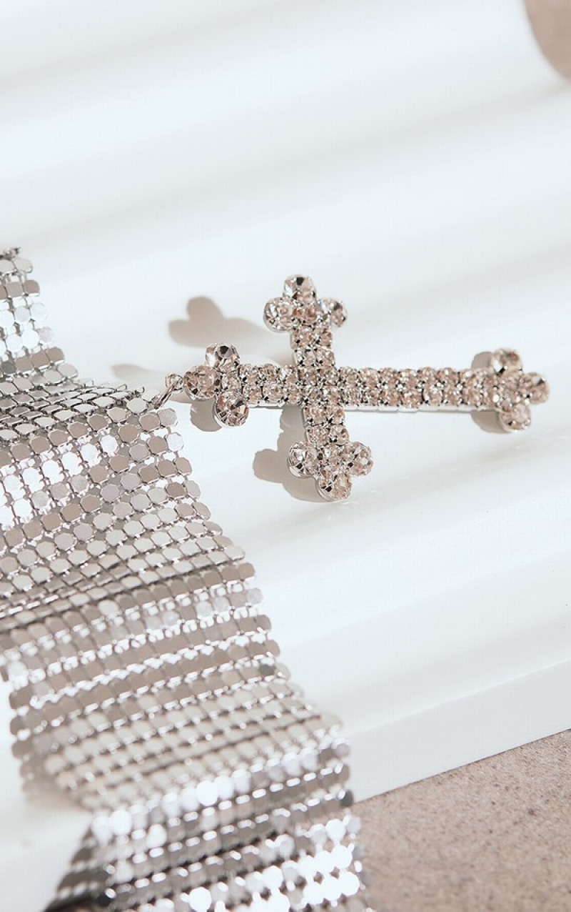 Silver Pretty Little Thing Chainmail Cross Choker Jewelry | COFGHSY-58