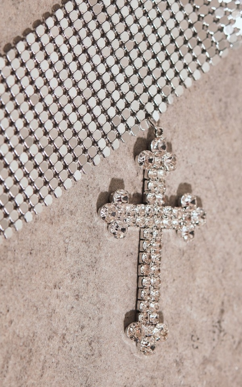 Silver Pretty Little Thing Chainmail Cross Choker Jewelry | COFGHSY-58